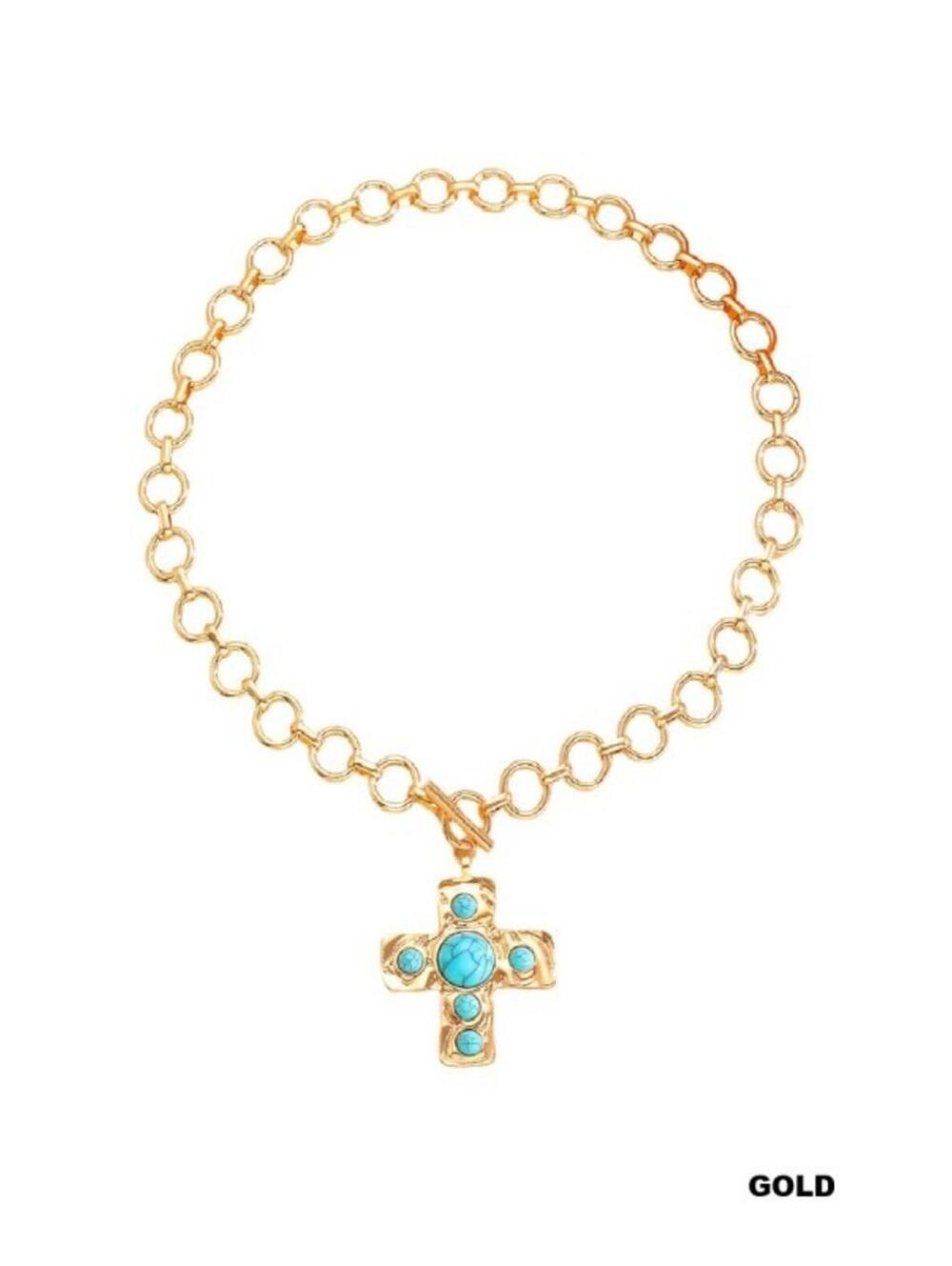 Gold Chain Necklace with Turquoise Cross Pendant